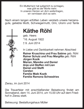 Traueranzeige von Käthe Röhl von Uelzen