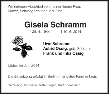 Traueranzeige von Gisela Schramm von Uelzen