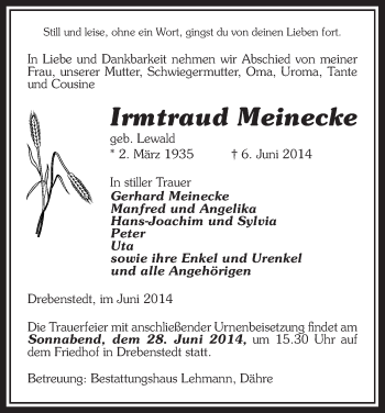 Traueranzeige von Irmtraud Meinecke von Uelzen