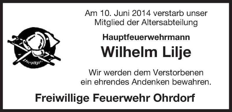  Traueranzeige für Wilhelm Lilje vom 13.06.2014 aus Uelzen