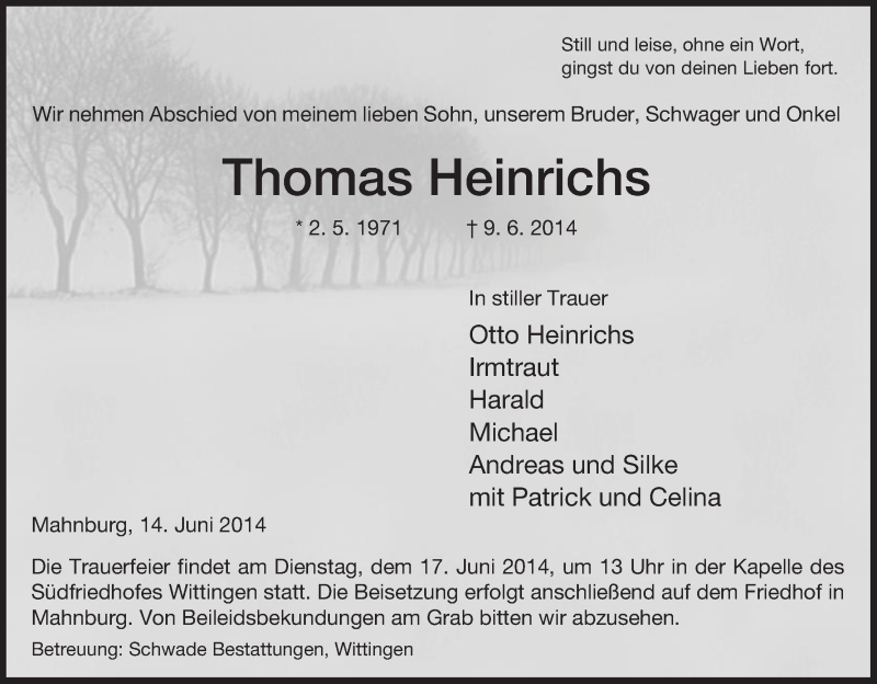  Traueranzeige für Thomas Heinrichs vom 14.06.2014 aus Uelzen