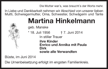 Traueranzeige von Martina Hinkelmann von Uelzen