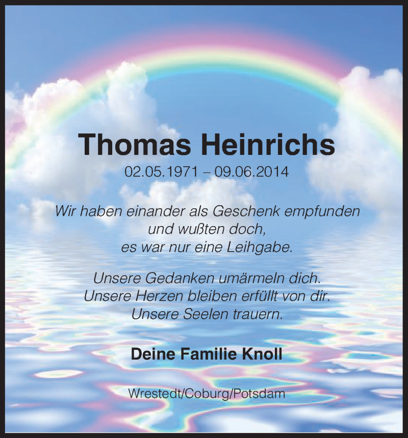  Traueranzeige für Thomas Heinrichs vom 14.06.2014 aus Uelzen