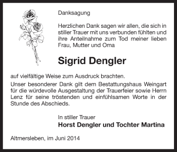 Traueranzeige von Sigrid Dengler von Uelzen