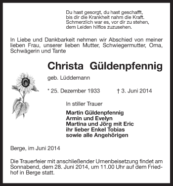 Traueranzeige von Christa Güldenpfennig von Uelzen