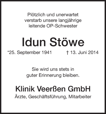 Traueranzeige von Idun Stöwe von Uelzen
