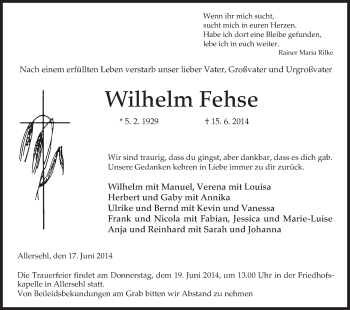 Traueranzeige von Wilhelm Fehse von Uelzen