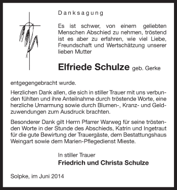 Traueranzeige von Elfriede Schulz von Uelzen