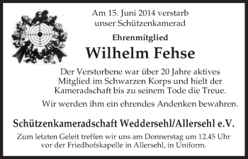 Traueranzeige von Wilhelm Fehse von Uelzen