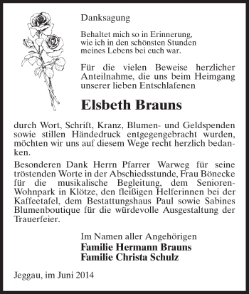 Traueranzeige von Elsbeth Brauns von Uelzen