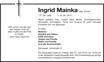Traueranzeige von Ingrid Mainka von Uelzen