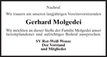 Traueranzeige von Gerhard Molgedei von Uelzen