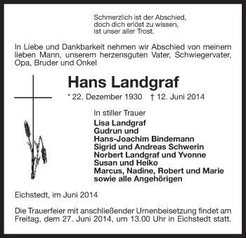 Traueranzeige von Hans Landgraf von Uelzen