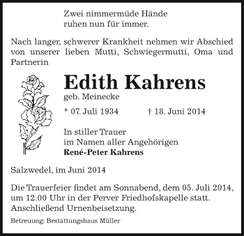 Traueranzeige von Edith Kahrens von Uelzen