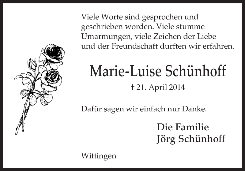  Traueranzeige für Marie-Luise Schünhoff vom 21.06.2014 aus Uelzen