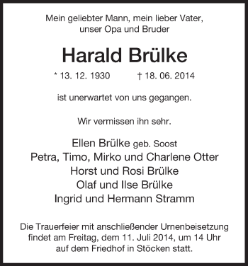 Traueranzeige von Harald Brülke von Uelzen