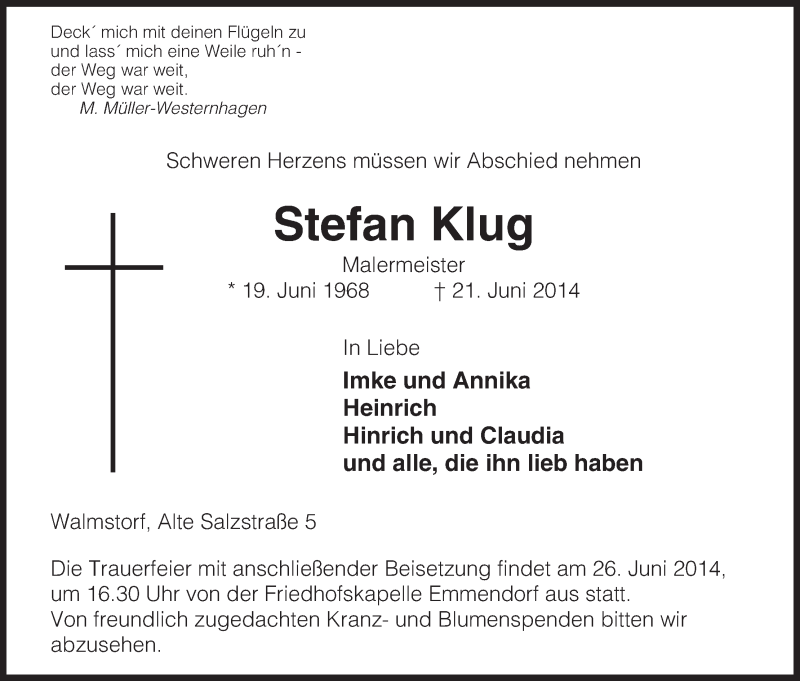  Traueranzeige für Stefan Klug vom 24.06.2014 aus Uelzen