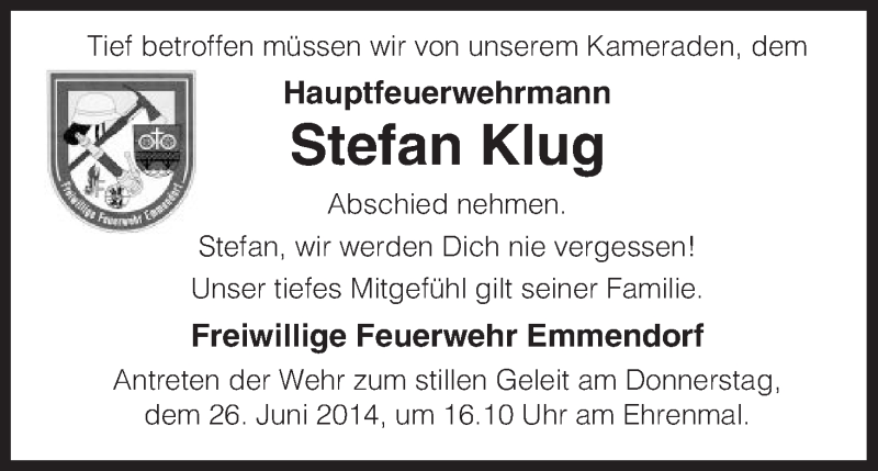  Traueranzeige für Stefan Klug vom 25.06.2014 aus Uelzen