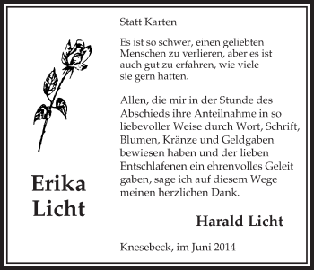 Traueranzeige von Erika Licht von Uelzen