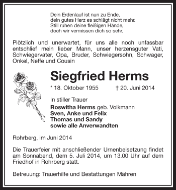 Traueranzeige von Siegfried Herms von Uelzen