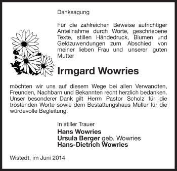 Traueranzeige von Irmgard Wowries von Uelzen