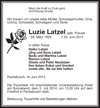 Traueranzeige von Luzie  Latzel von Uelzen