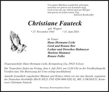 Traueranzeige von Christiane Fauteck von Uelzen