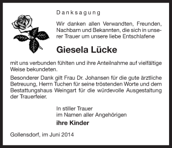 Traueranzeige von Giesela Lücke von Uelzen