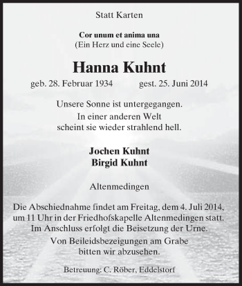 Traueranzeige von Hanna Kuhnt von Uelzen