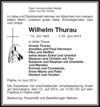 Traueranzeige von Wilhelm Thurau von Uelzen