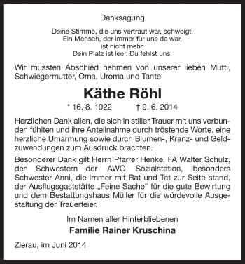 Traueranzeige von Käthe Röhl von Uelzen