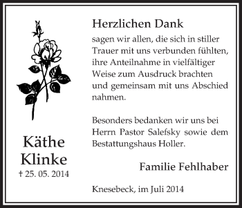 Traueranzeige von Käthe Klinke von Uelzen