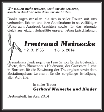 Traueranzeige von Irmtraud Meinecke von Uelzen