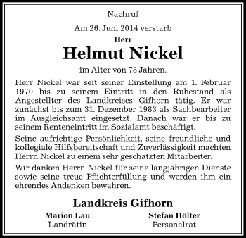 Traueranzeige von Helmut Nickel von Uelzen