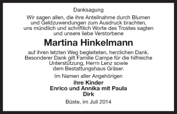 Traueranzeige von Martina Hinkelmann von Uelzen