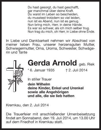 Traueranzeige von Gerda Arnold von Uelzen