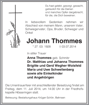 Traueranzeige von Johann Thommes von Allgemeine Zeitung Uelzen