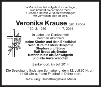 Traueranzeige von Veronika Krause von Uelzen