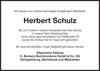 Traueranzeige von Herbert Schulz von Uelzen