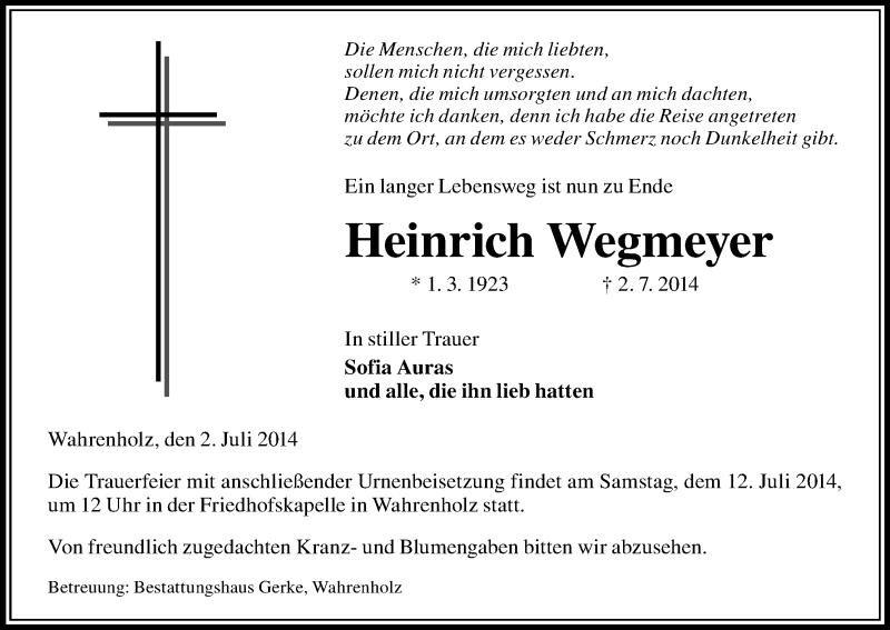  Traueranzeige für Heinrich Wegmeyer vom 09.07.2014 aus Uelzen