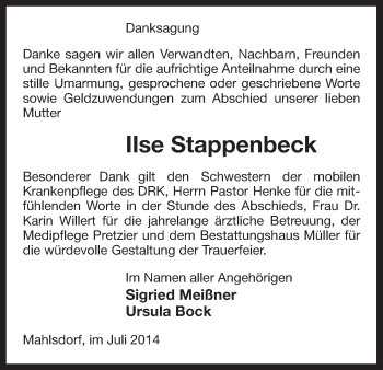 Traueranzeige von Ilse Stappenbeck von Uelzen