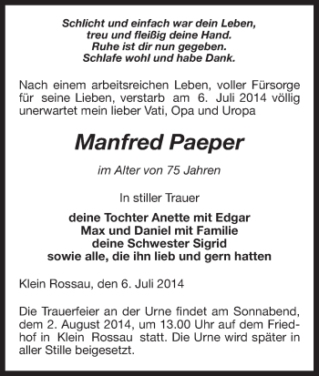 Traueranzeige von Manfred Paeper von Uelzen