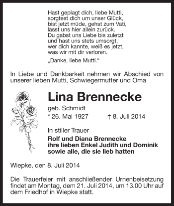 Traueranzeige von Lina Brennecke von Uelzen