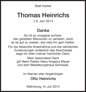 Traueranzeige von Thomas Heinrichs von Uelzen