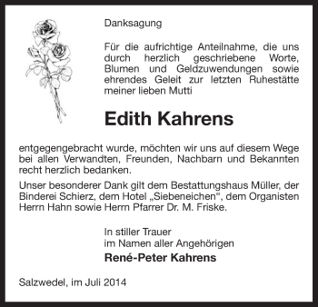 Traueranzeige von Edith Kahrens von Uelzen