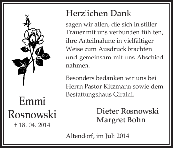 Traueranzeige von Emmi Rosnowski von Uelzen