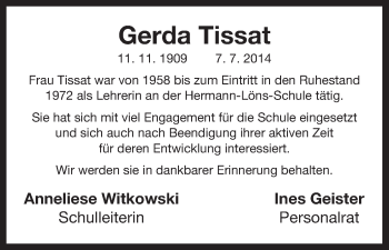 Traueranzeige von Gerda Tissat von Uelzen