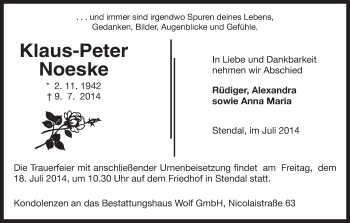 Traueranzeige von Klaus-Peter Noeske von Uelzen