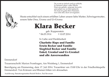 Traueranzeige von Klara Becker von Uelzen