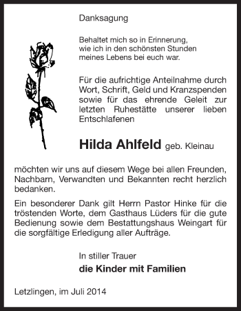 Traueranzeige von Hilda Ahlfeld von Uelzen